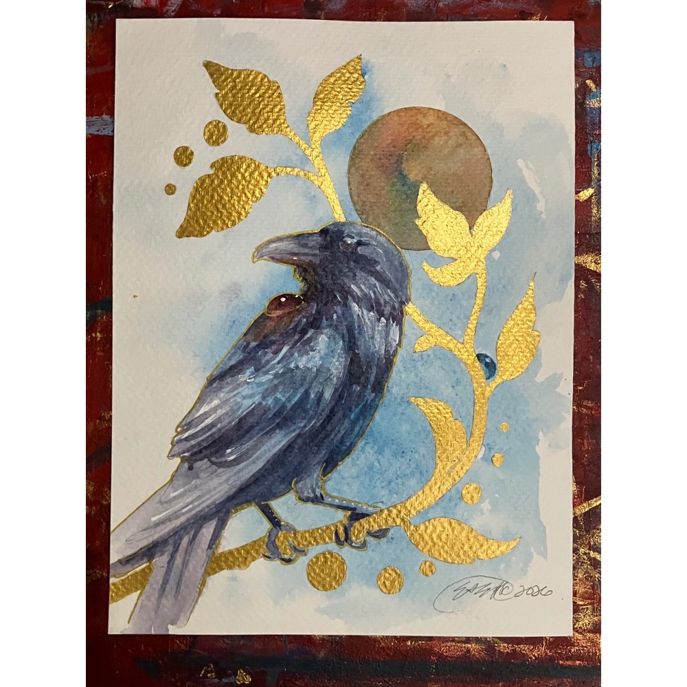 Original Raven Watercolor Painting Gold accents Mixed Media crow art Artettina